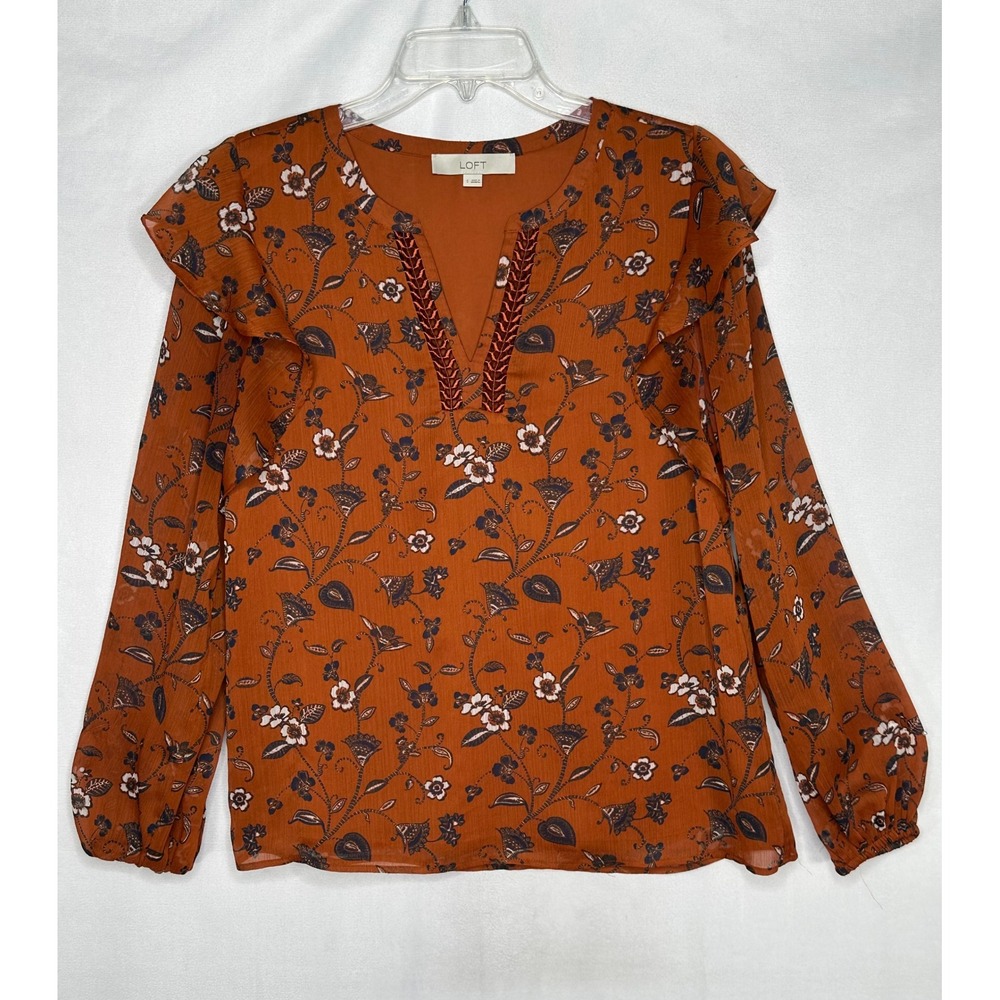 LOFT Rust Orange Floral Paisley Ruffle Split Neck Blouse Bohemian ArtsianSz S